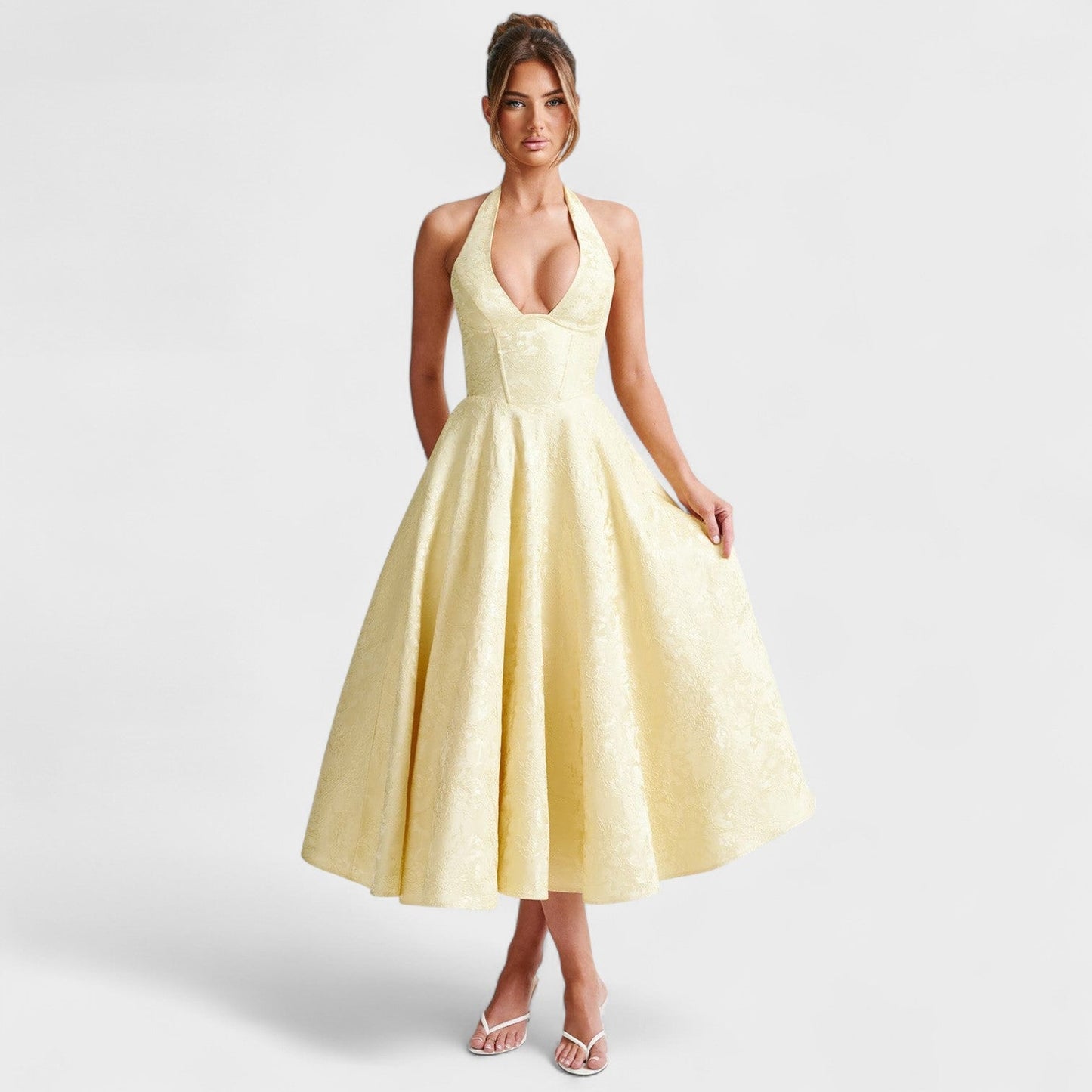 Halina - Vestido midi com espartilho e folhos