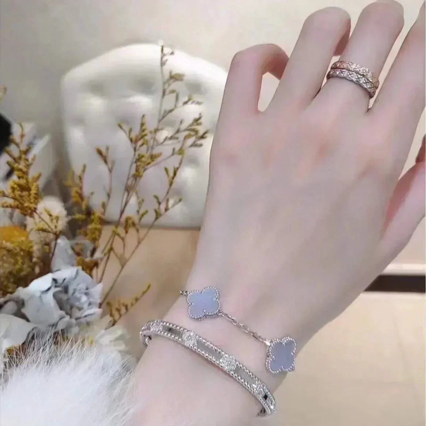 CLOVER  5 MOTIF PURPLE CHALCEDONY BRACELET SILVER