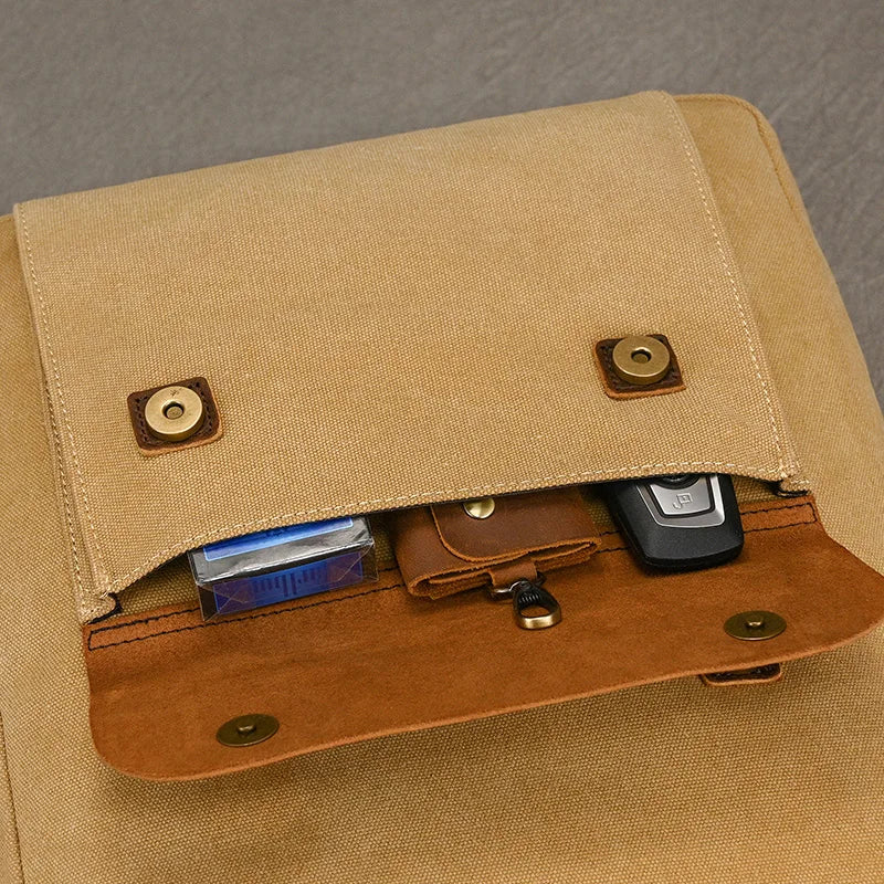 Mochila de Couro e Lona Genuine | Mochila Vintage para Laptop de Faculdade