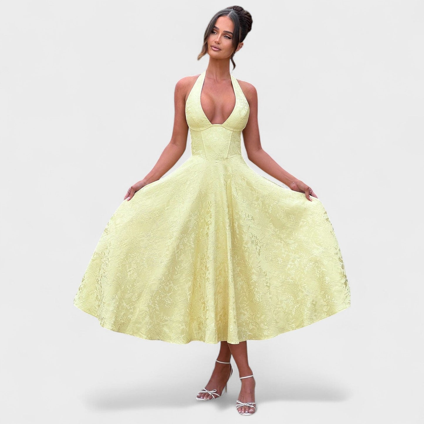 Halina - Vestido midi com espartilho e folhos