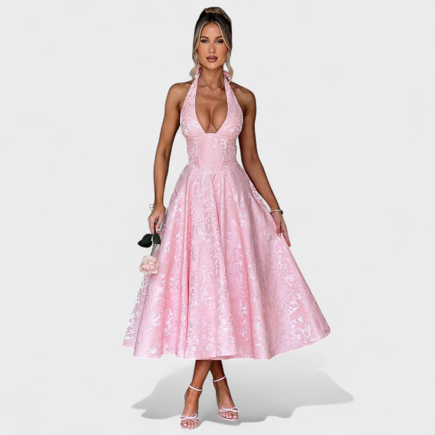 Effie - Vestido midi texturado com decote V