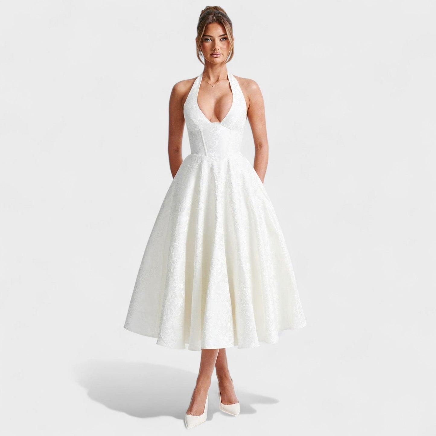 Effie - Vestido midi texturado com decote V