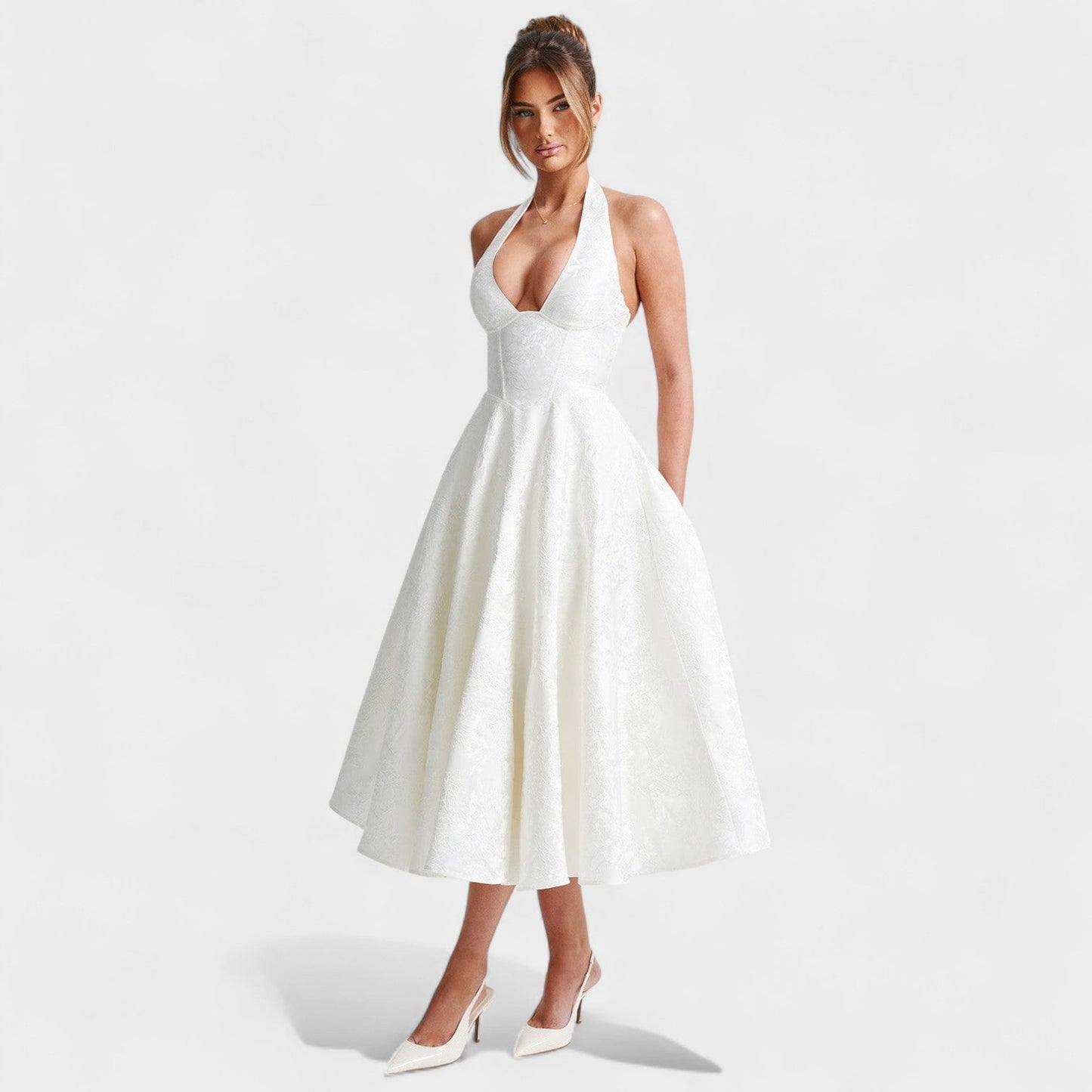 Effie - Vestido midi texturado com decote V