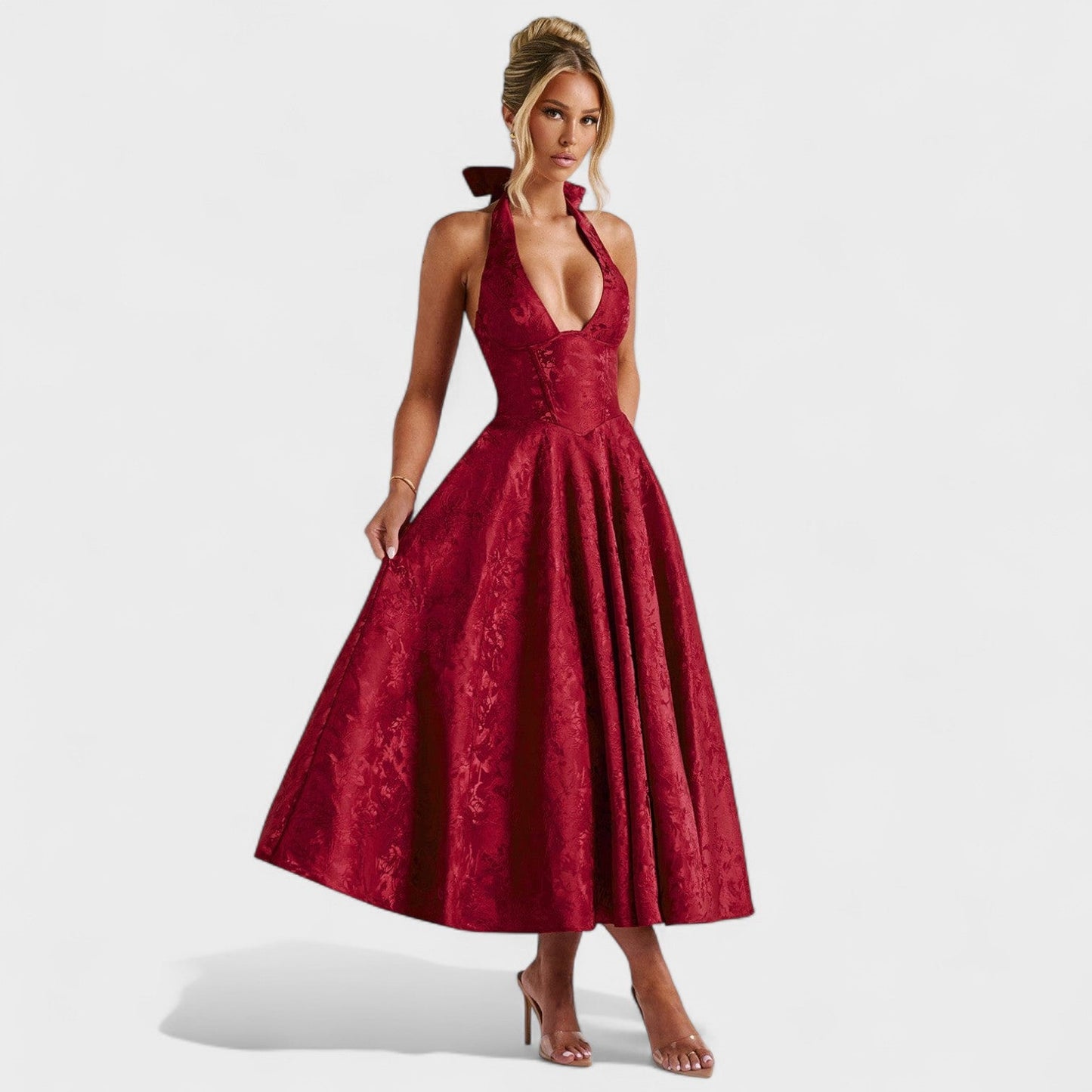 Effie - Vestido midi texturado com decote V