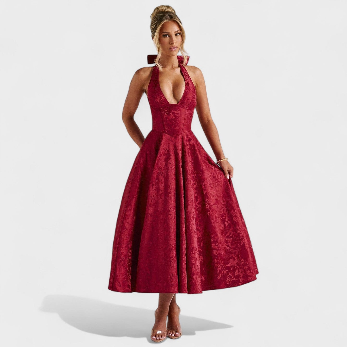 Effie - Vestido midi texturado com decote V