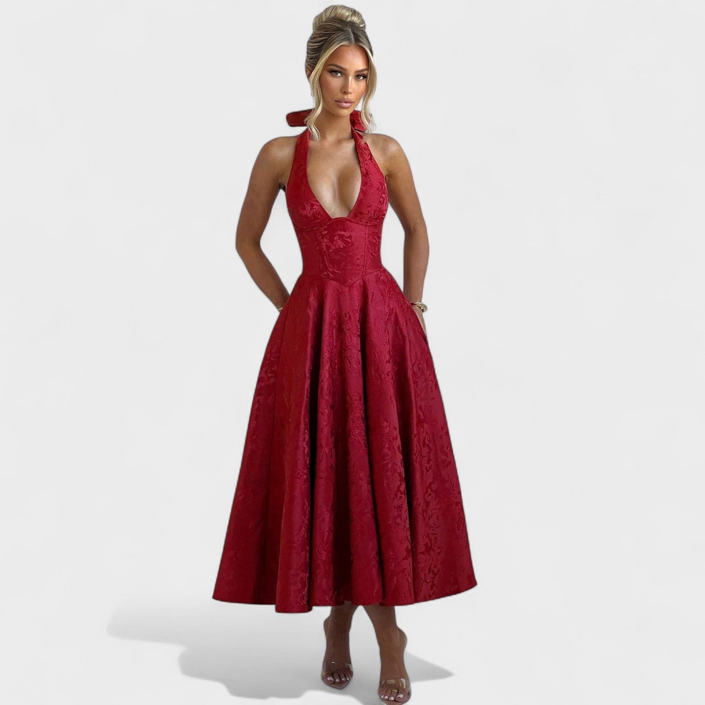 Effie - Vestido midi texturado com decote V